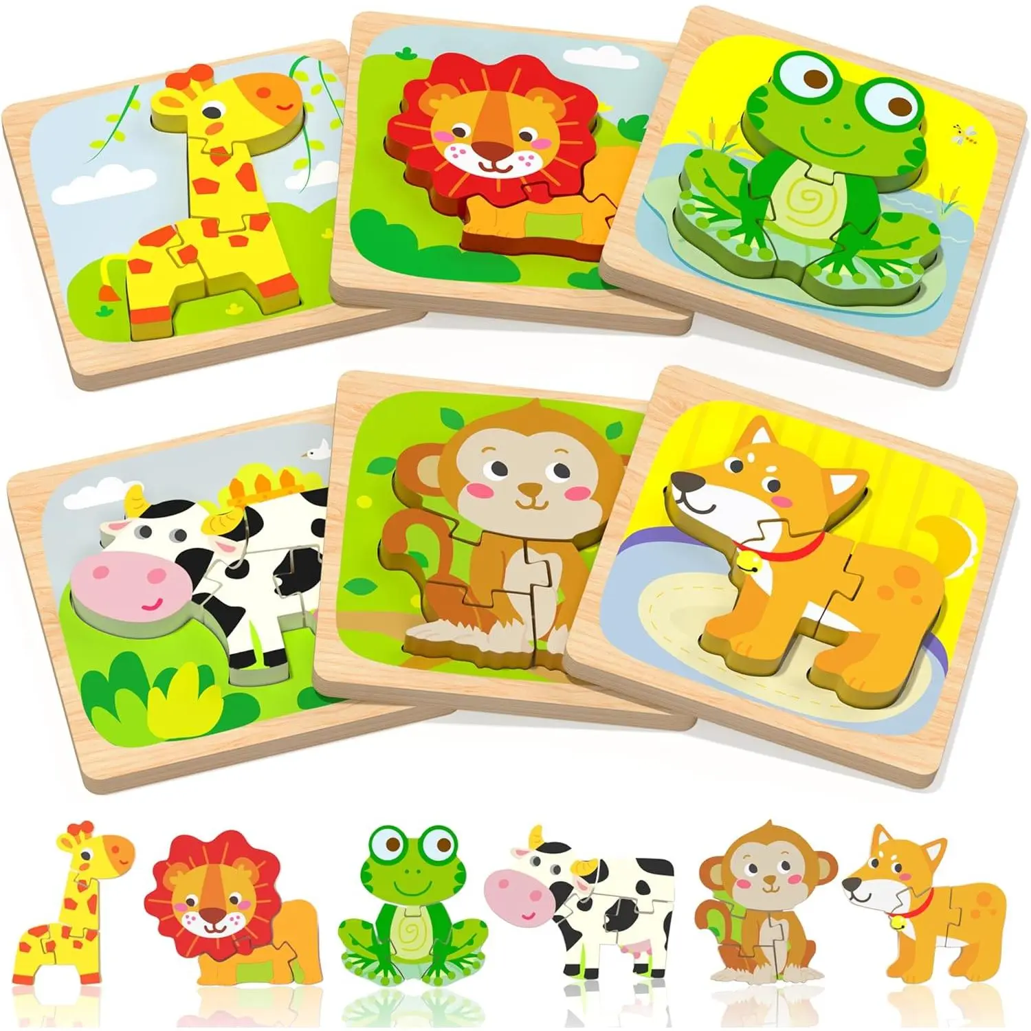 Wooden Toddler Puzzles, 6pcs Animal Montessori Toys for 1-3 Year Old Boys & Girls, Learning Educational Preschool Toys, Great Gifts for 1 2 3 Year Olds