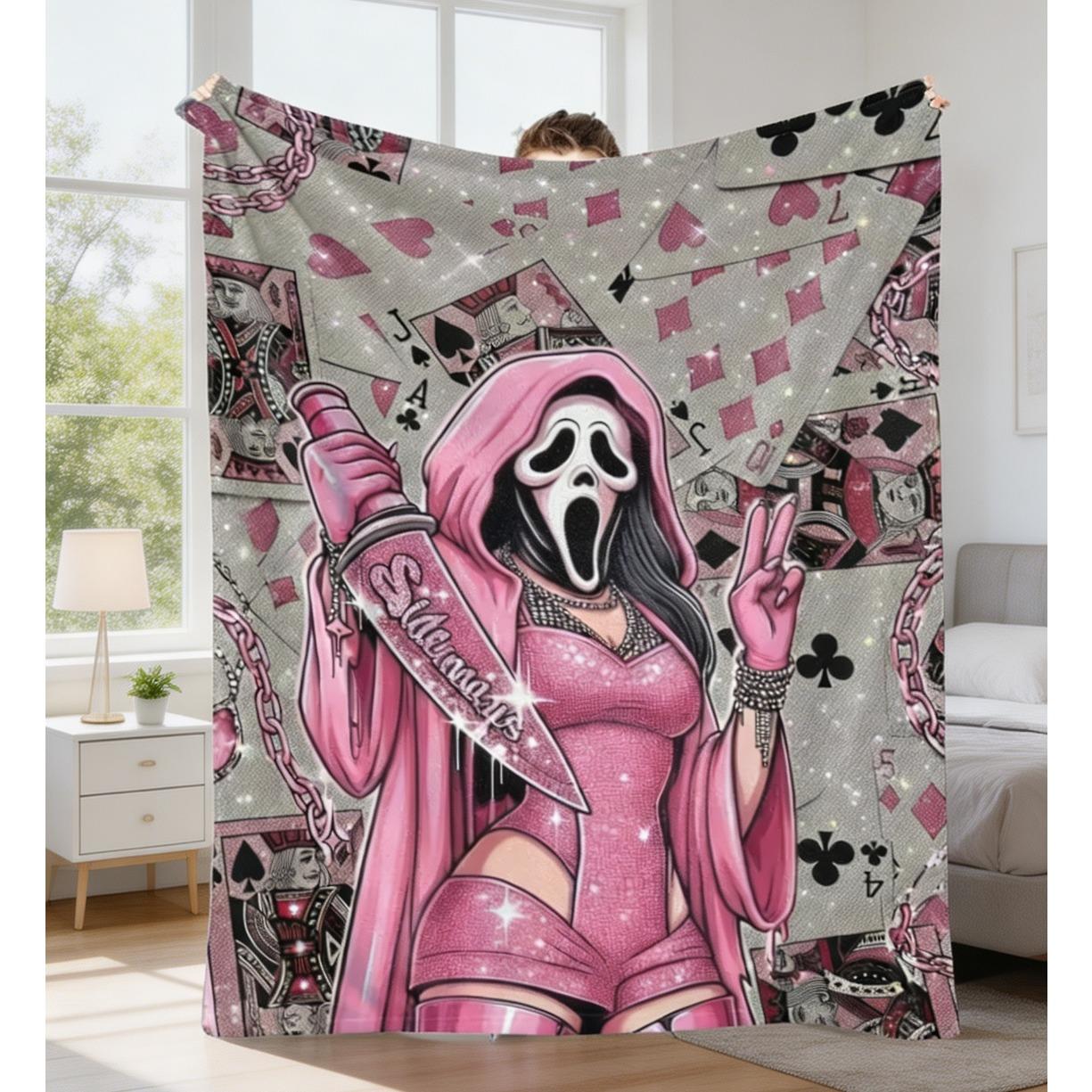 Pink Ghost Face Flannel Blanket, Playing Card Print Soft Cozy Throw Blanket, Lightweight Warm Decorative Blanket for Bedroom Living Room, Perfect Gift