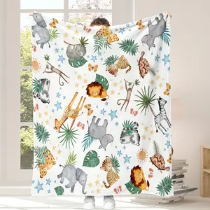 1Pc Digital Print Blanket, Cute Cartoon Small Animals, Giraffe, Elephant, Lion, Tiger Pattern Comfortable Blanket - Flannel Blanket For Sofa, Bed, Travel, And Camping - Suitable For Living Room, Office, Sofa, Chair, And Bed, Soft And Warm Flannel