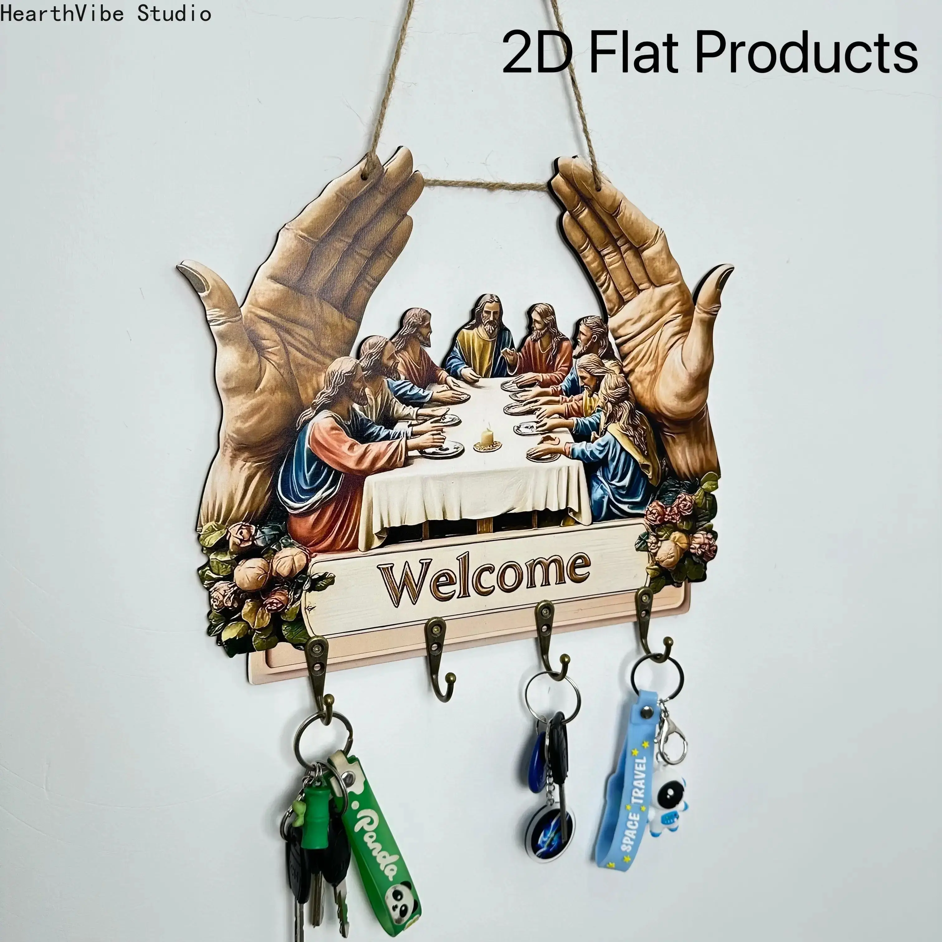 Jesus and Disciples Wall Art Key Holder, Religious Wood Sign with 4 Metal Hooks, Exquisite Farmhouse Welcome Hanger for Porch Entryway Home Decor Father Day Gift