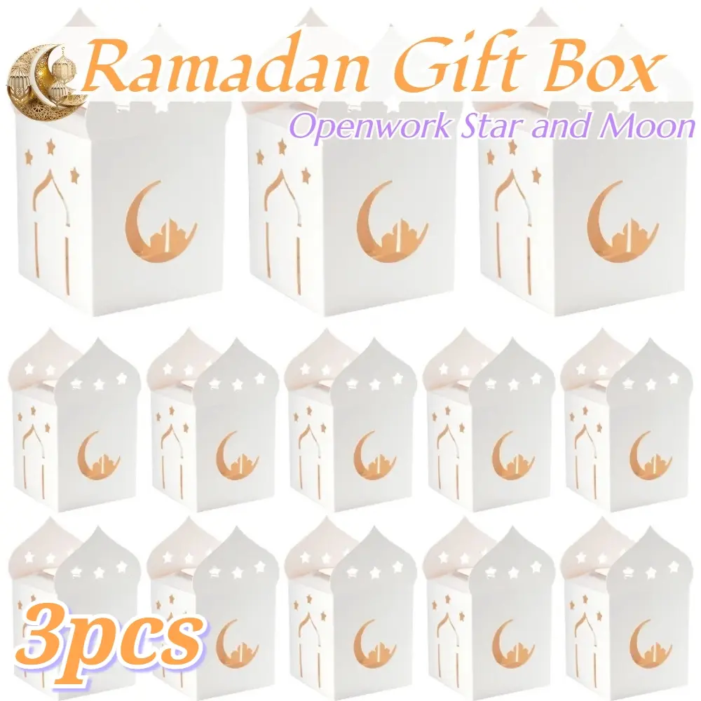 3pcs Eid al-Fitr Blessing Candy Gift Box Hollow Star and Moon Gift Packaging Box Ramadan Islamic Gathering Decorative Supplies White Hollow-out Star and Moon Folding Paper Box Simple White Castle Gift Packaging Box Happy Eid al-Fitr