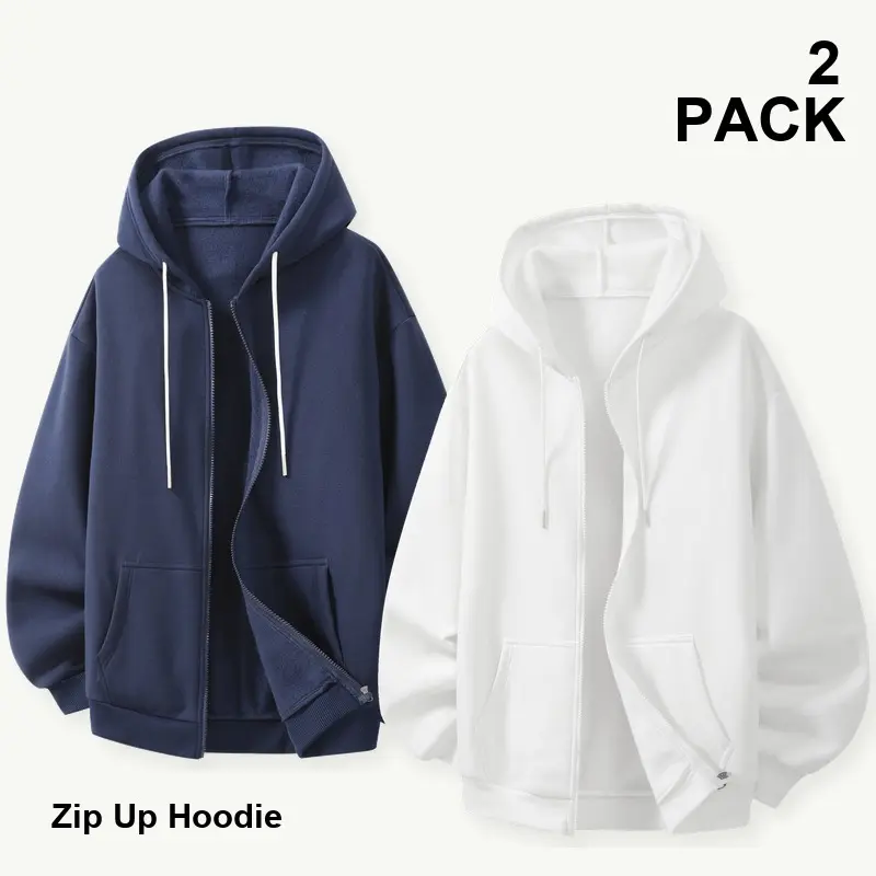 2-Pack Men's Fleece Lined Hoodies, Relaxed Fit Full Zip Hooded Sweatshirts with Pockets, Plain Long Sleeve Tops for Daily Wear, Menswear, Casual