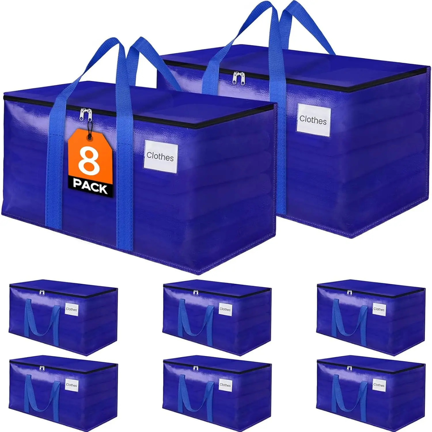 8 Pack Moving Storage Bags Heavy-Duty with Zippers and Reinforced Handles, Moving Supplies Packing Boxes for Moving, Storing, Saving Space, Blue Plastic Storage  93 L(24 Gallon)