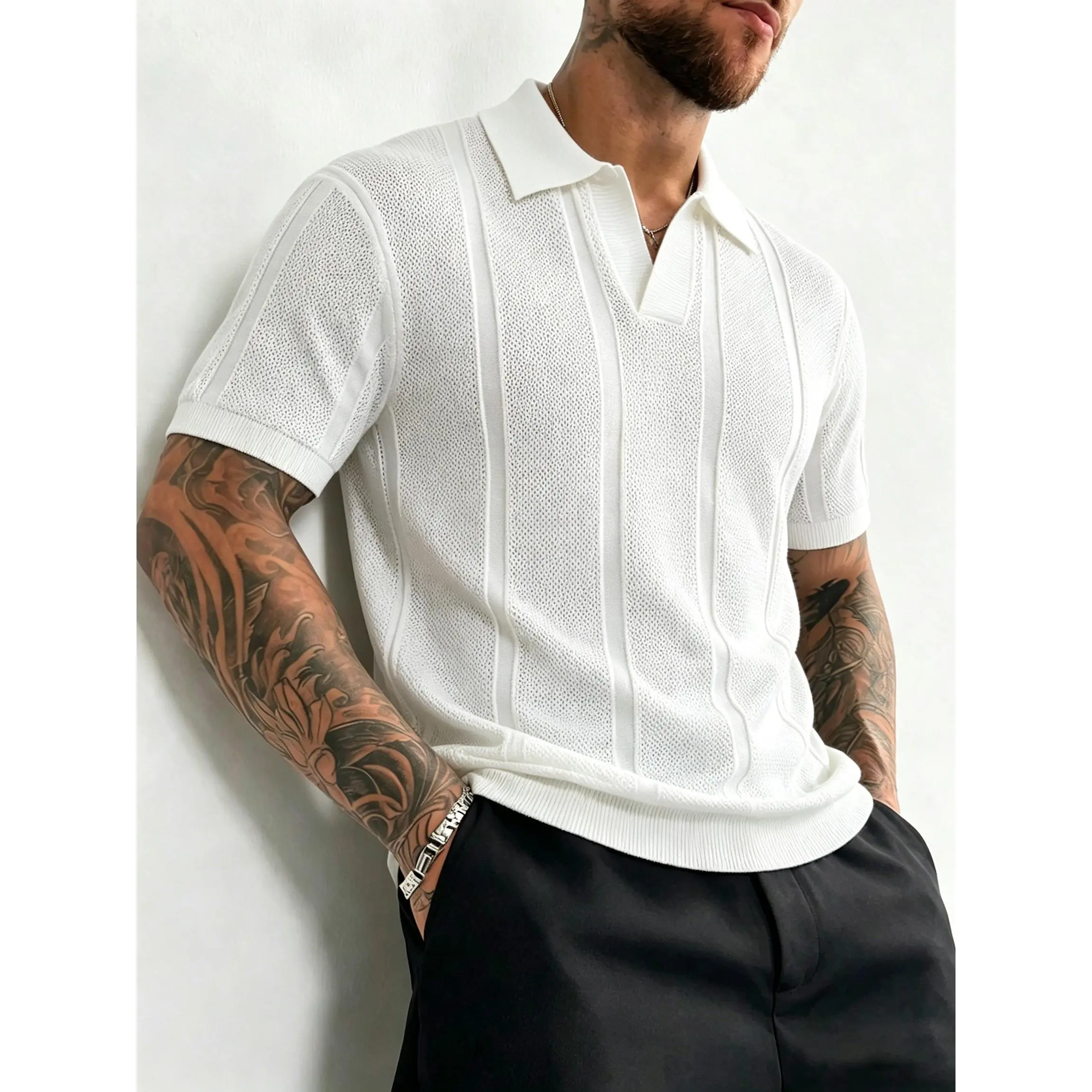 Vertical ribbed hollow knit short sleeve polo top with notch lapel open V-neck and ribbed cuffs, breathable lightweight stretch fabric slim tailored silhouette refined daily essential to build modern minimalist mensfashion outfits