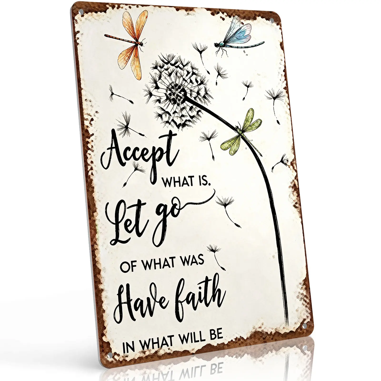 Vintage Inspirational Quote Aluminum Metal Sign 8*12 Inch, Dandelion & Dragonfly Wall Art Plaque, Accept What Is Let Go Of What Was Positive Saying Tin Sign, Waterproof Rust‑Proof Wall Decor For Home Bedroom Farmhouse, Encouragement Gift