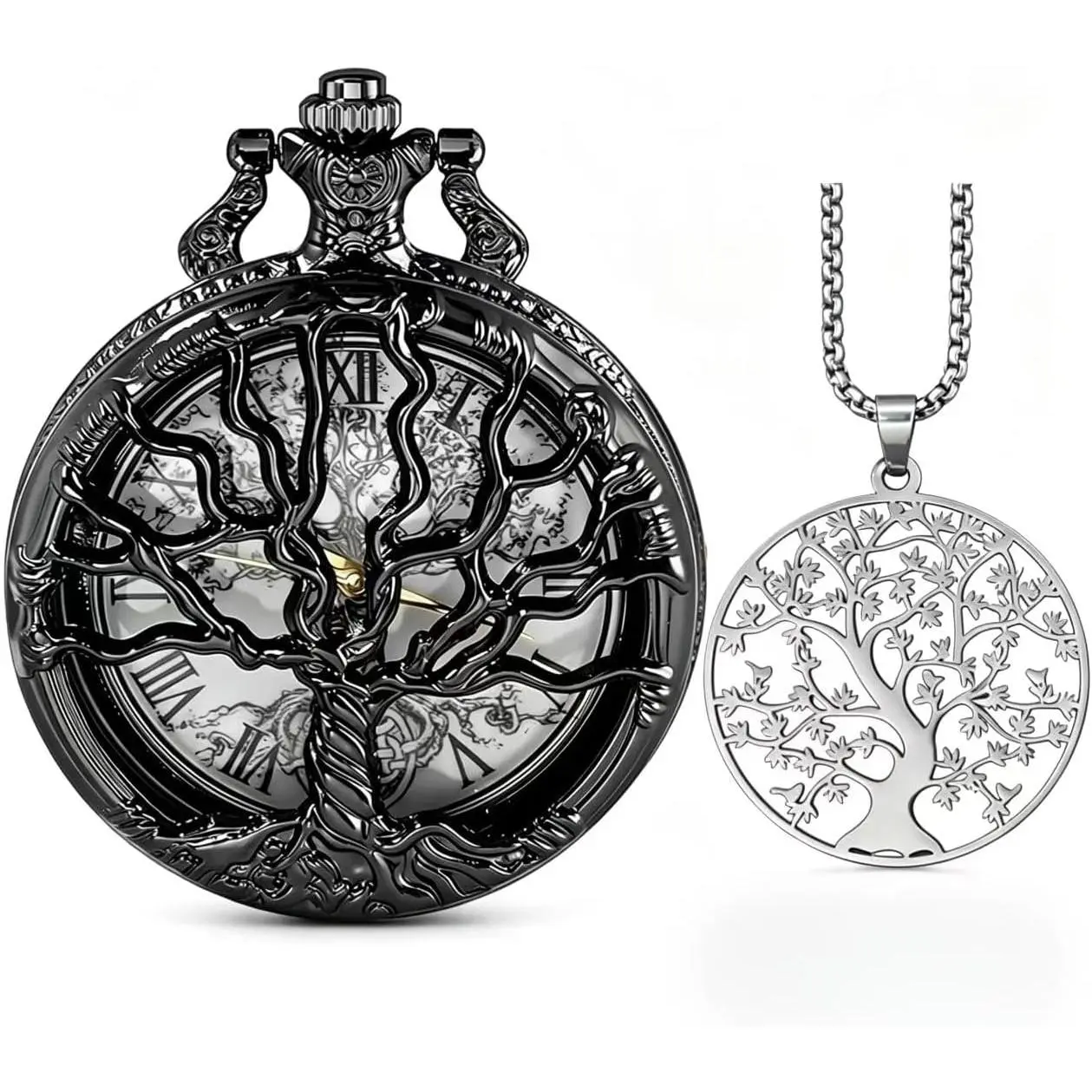 Tree of Life Pocket Watch-Necklace Set - Retro Locket with Exquisite Chain, Symbol of Growth & Eternity,  Romantic  (Birthday/Valentine's/Anniversary)