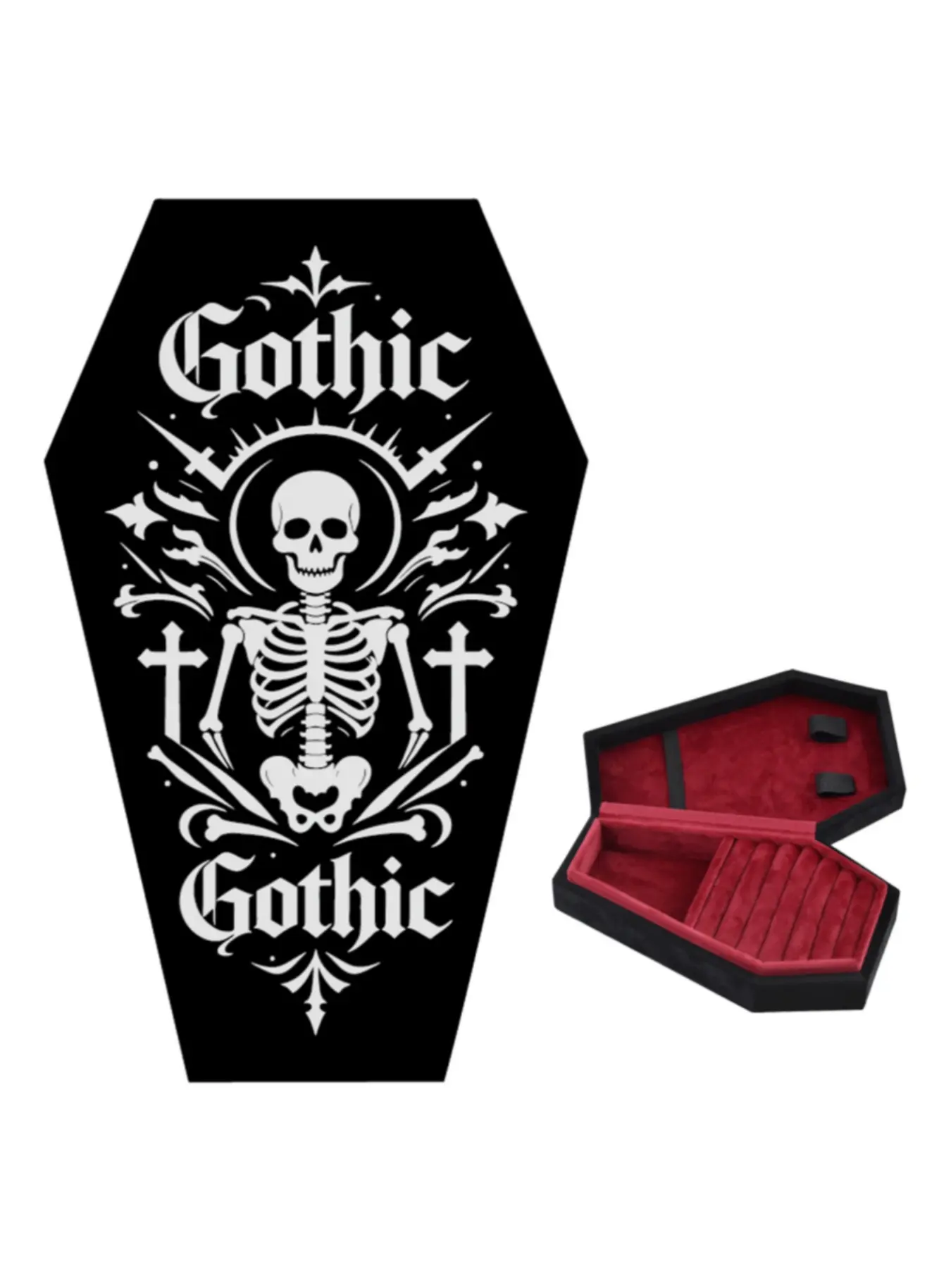 Elegant Gold Foil Gothic Velvet Ring Earring Box, Halloween European Thick Jewelry Storage, Portable Velvet Coffin Jewelry Case