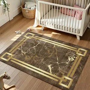 Brown Gold Marble Crystal Velvet Modern Area Rug #ModernMarbleRug #BrownGoldFloorMat #ArtDecoFrameCarpet #CrystalVelvetHomeDecor