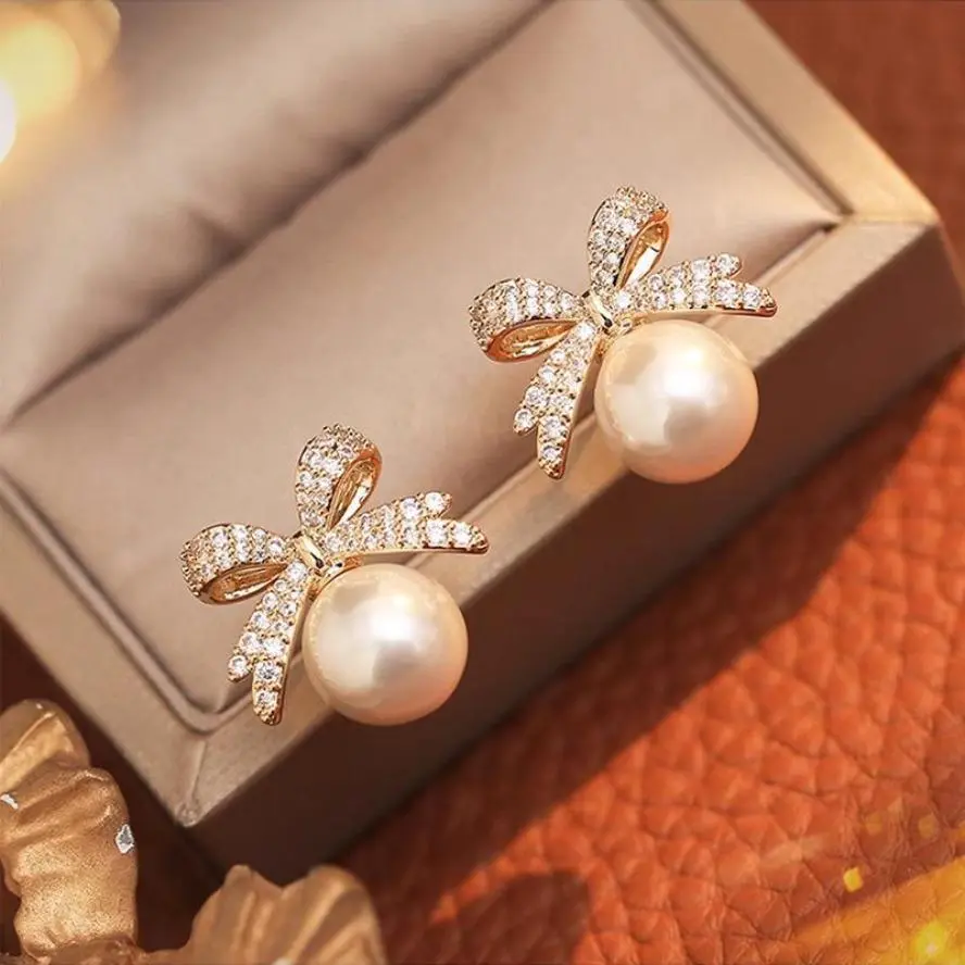 Women's Sports & Outdoor Protective Gear Accessory - Elegant Bowknot Artificial Pearl Rhinestone Drop Earrings with Red Sparkling Beads, Casual Fashion Jewelry for Female Friends, Valentine's Day Gift, Birthday