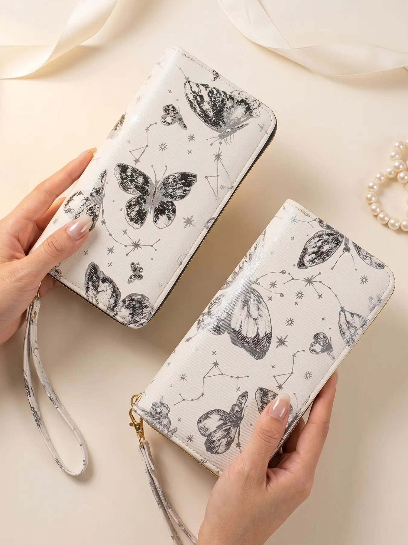 Vintage Butterfly Long Wallet, Star Pattern Design, Elegant Multi-Card Slot Zipper Wrist Strap Card Case, PU Leather Material, All Seasons, Zipper Wristlet