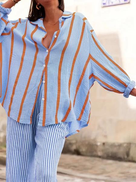Women's Striped Print Long Sleeve Shirt, Button Up Shirt, Elegant Casual Button Front Top for Daily Wear, Ladies Clothes for All Seasons