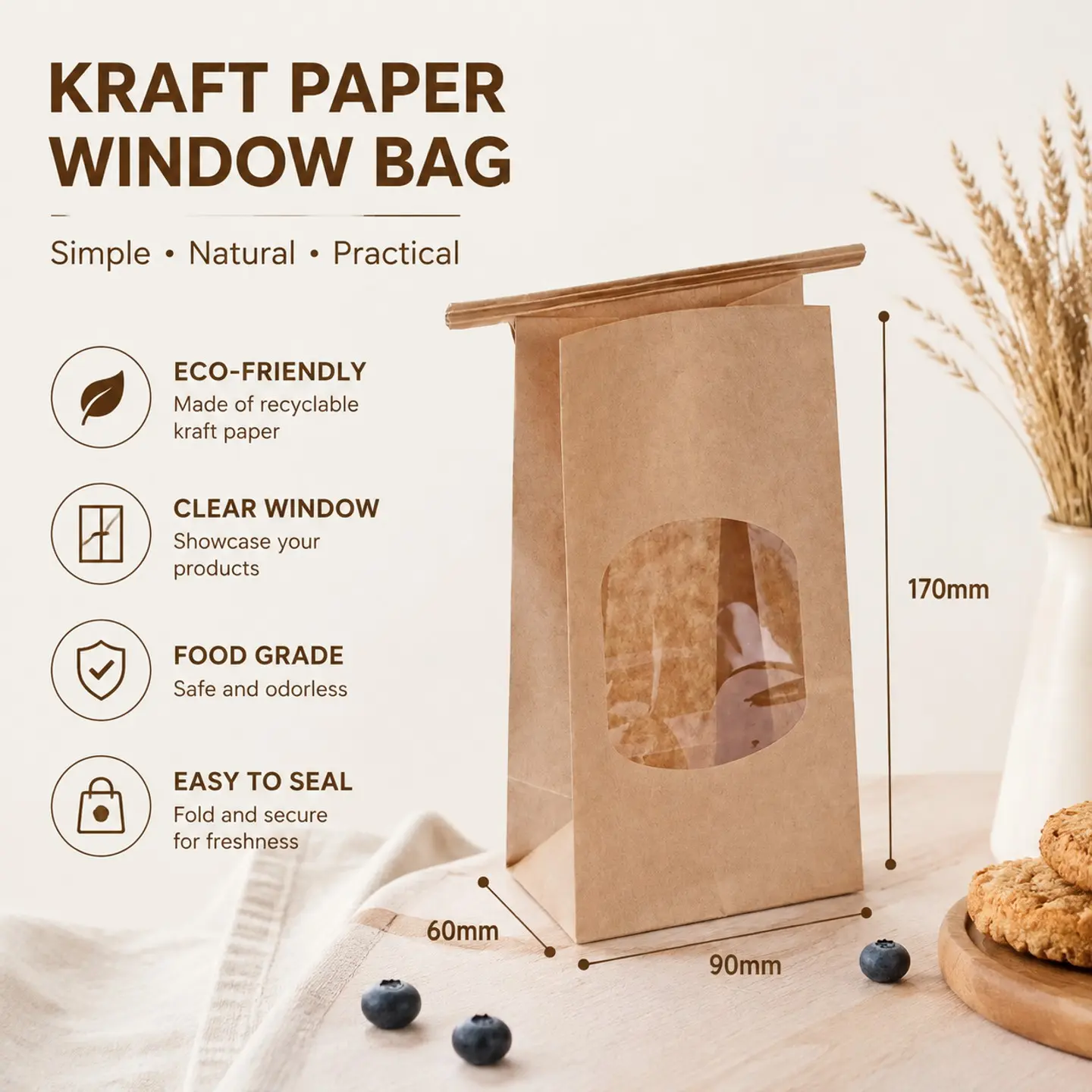 Kraft Paper Window Food Storage Bags, Reusable Sealed Bags for Tea Snacks Dried Fruits, Eco-Friendly Packaging Solution