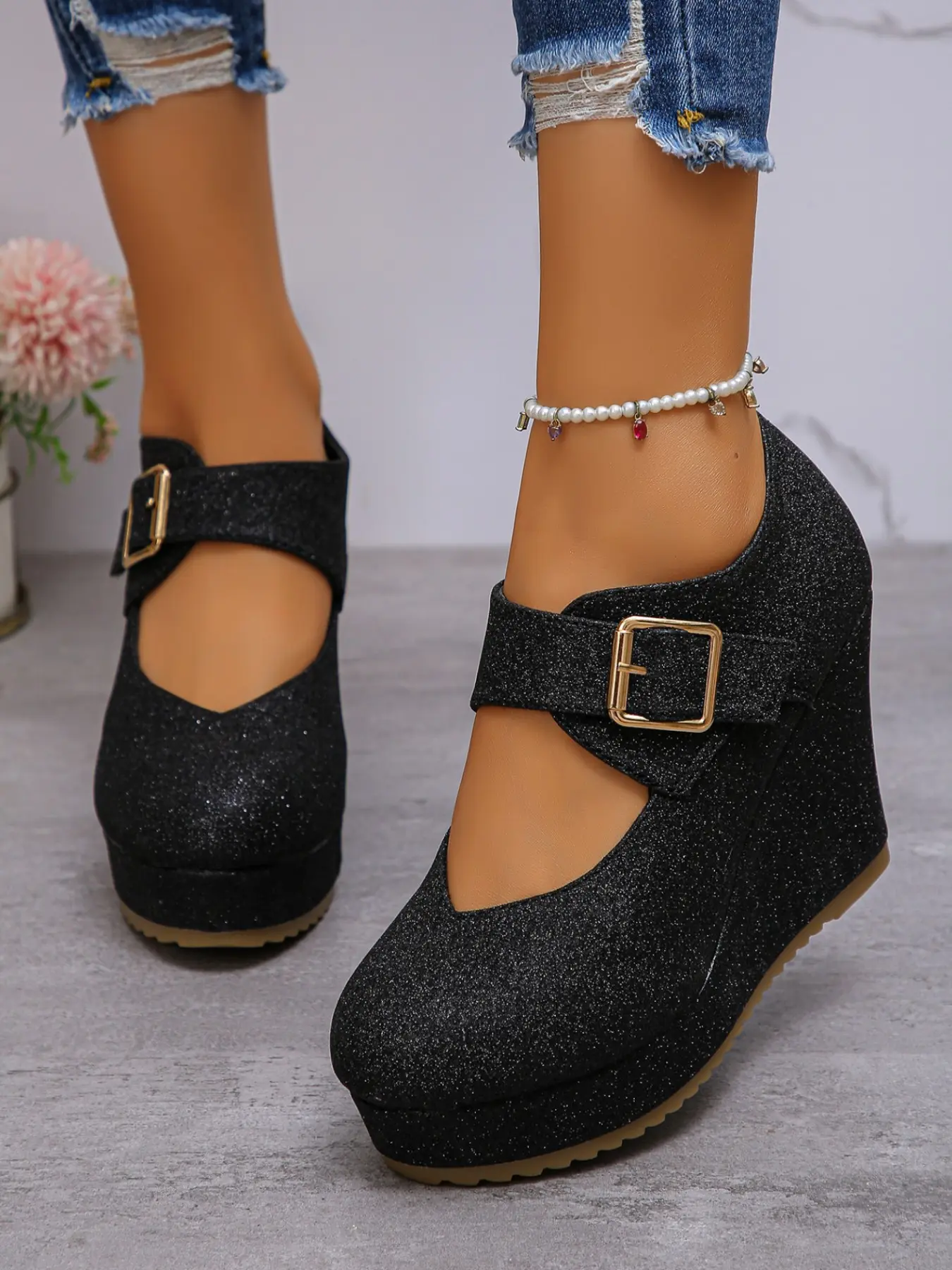 Shiny PU Leather Mary Jane Style Heels, Round Toe, Adjustable Metal Buckle, Elegant Design, Inner Height Boost, Perfect for Daily & Parties