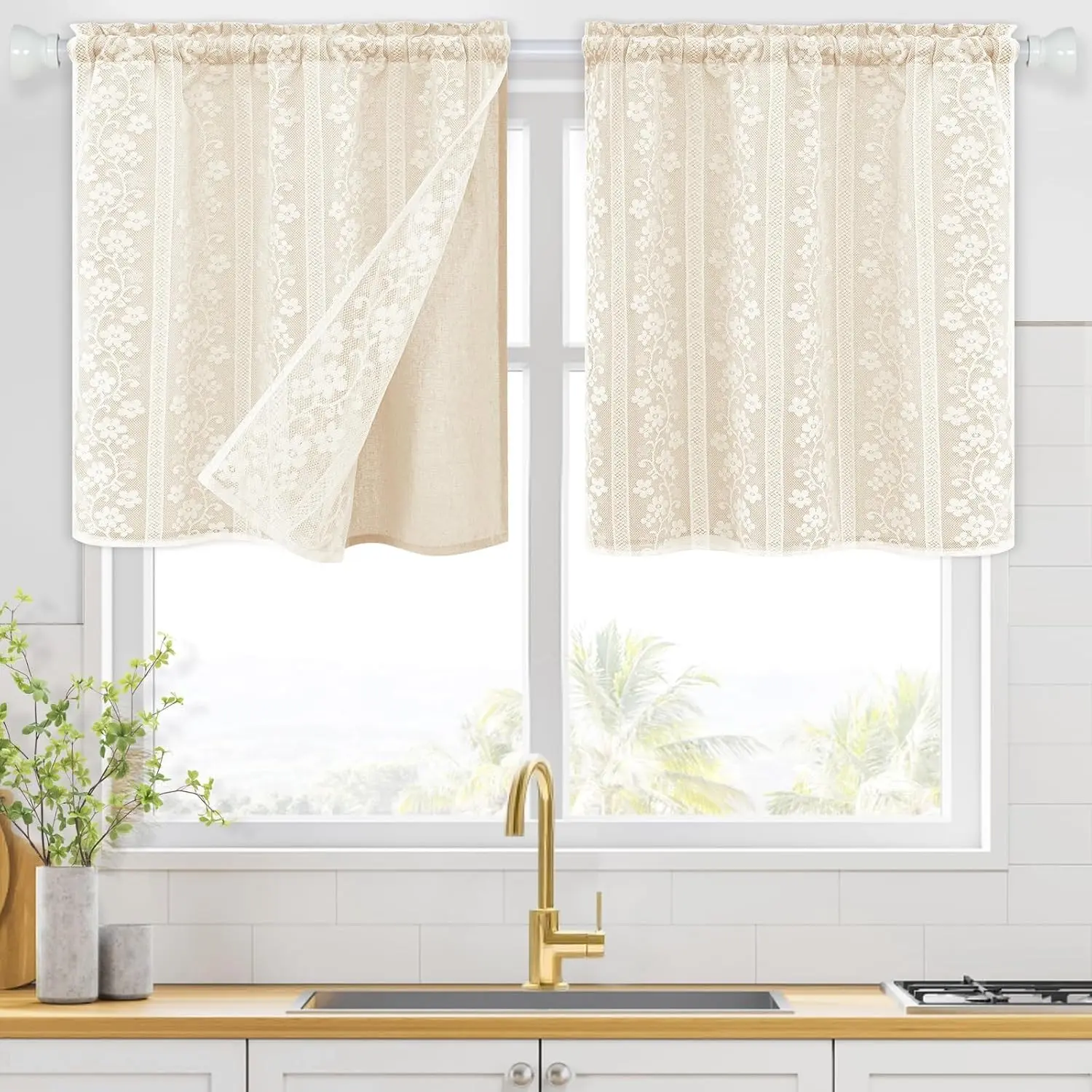 Linen Kitchen Curtains 24 Inch Length, Double Layered Window Curtain 2 Panel Sets Rod Pocket Short Curtains for Kitchen, Farmhouse Window Treatment Tiers for Bathroom, Cafe, Beige