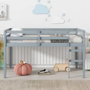Twin Low Height Rubber Wood Loft Bed with Ladder, 13 Pcs Reinforced Slats, 6 Inches or Less Height, 200LBS Capacity, 78.6" x 42.5" x 44.3" Frame, 63.1 LBS Weight, Underbed Storage, Guard Rails, Minimalist Style, Easy Assembly Required