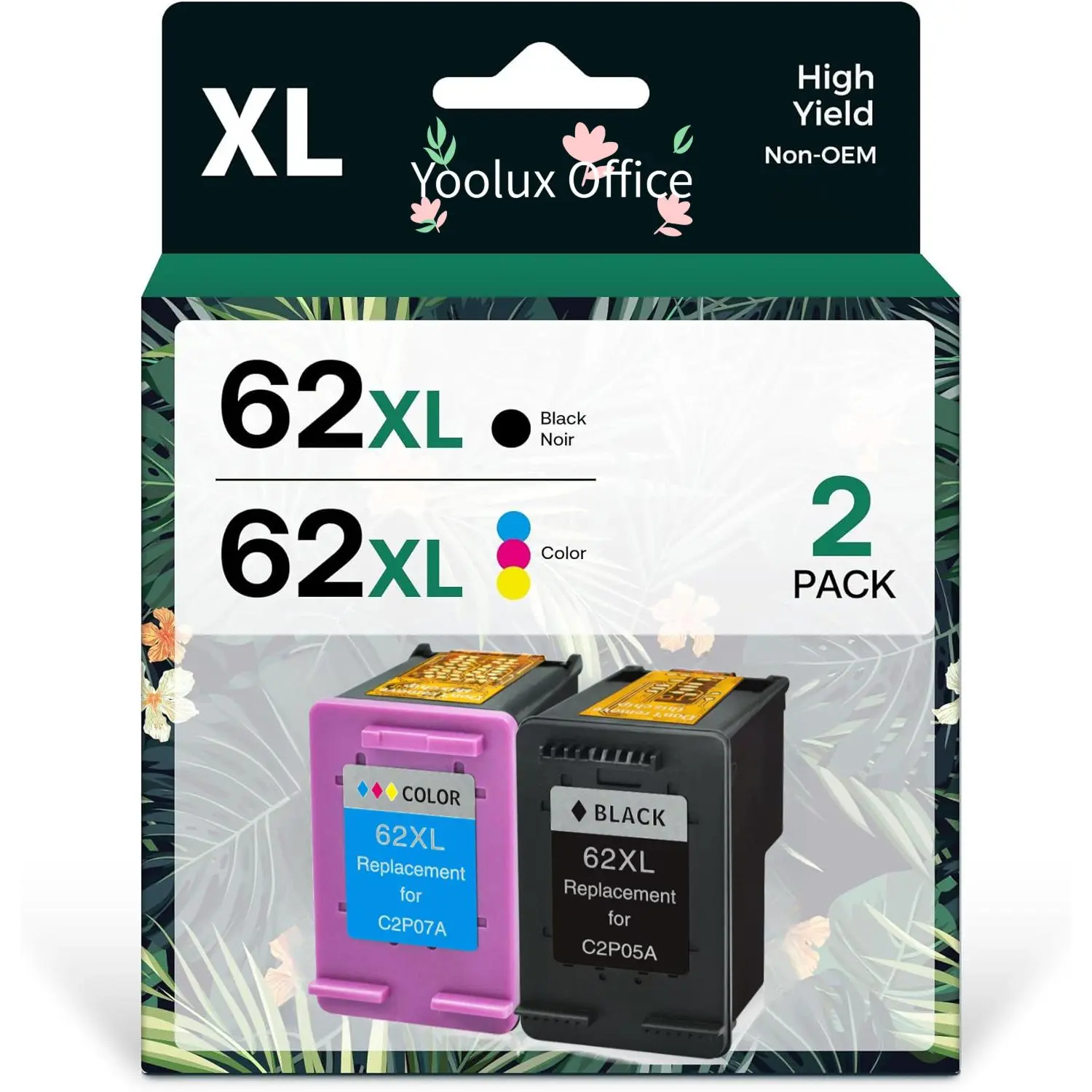 62XL High Page Yield Ink Cartridge Replacement (450 Pages) 2-Pack - Black, Tri-Color, Compatible with HP Envy 5000 5540 5549 5640 5660 7600 7640 8000 Series, OfficeJet 5740 5741 8040, Mobile 200 250, Hp Printers Envy 7600