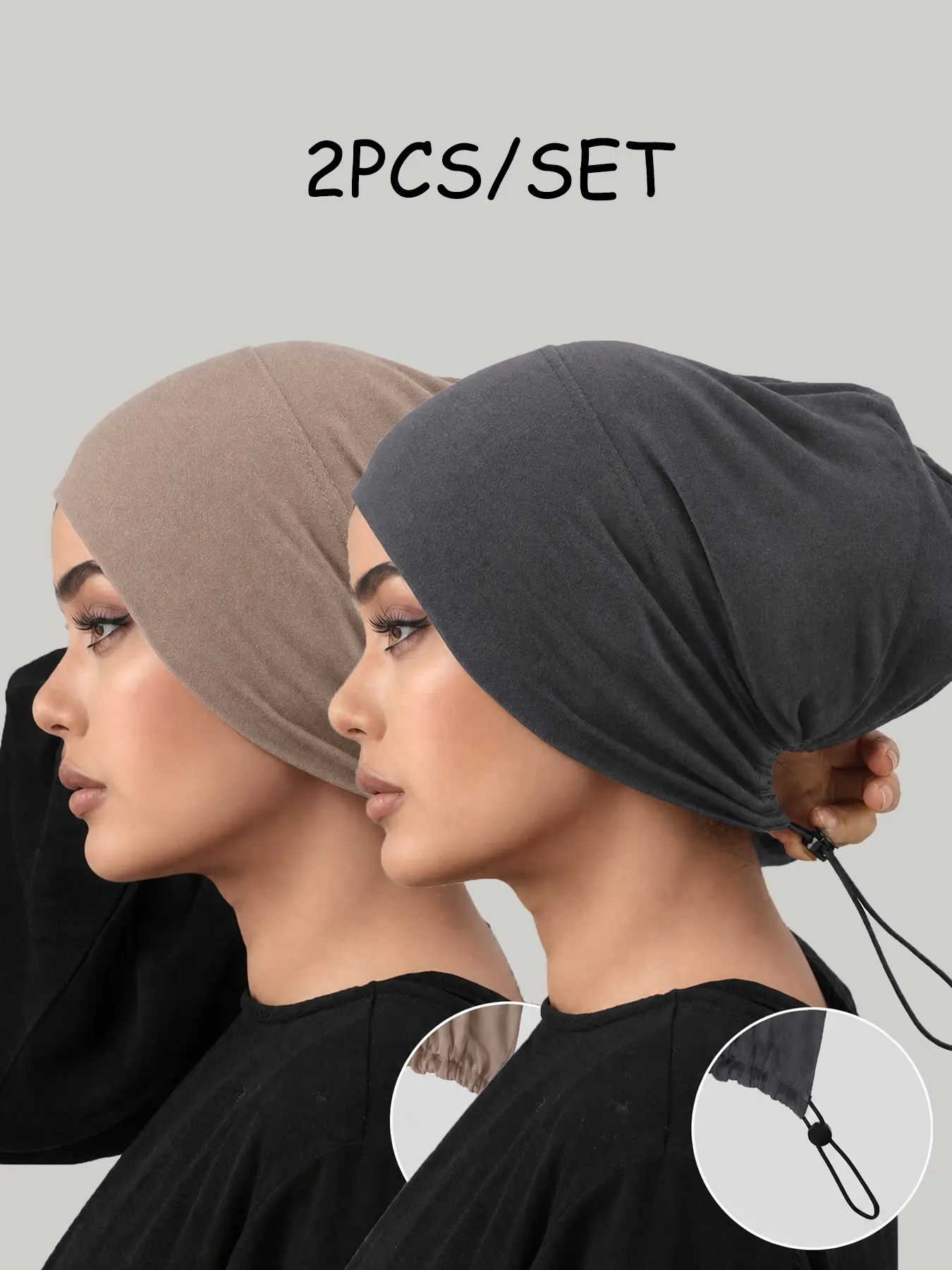 2pcs/set Modal Hijab Caps with Tie Back, Adjustable Jersey Wraps for Women, Solid Color Basic Underscarf, Abaya Accessories, Daily Use