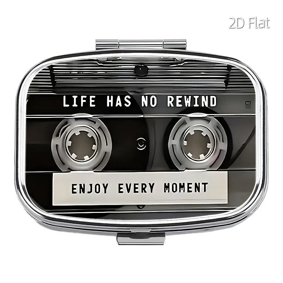 2D flat design, a pill case featuring a vintage vinyl record design—a multi-layered metal pill organizer, perfect for travel, handbags, or pockets—ideal as a Valentine's Day gift—suitable for both men and women