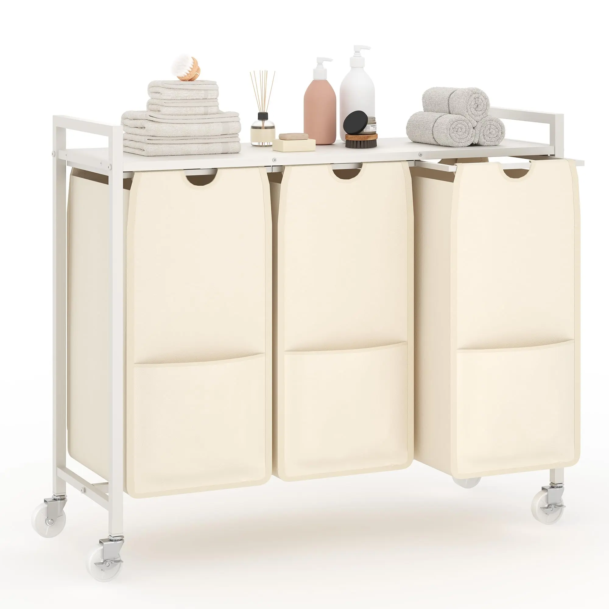 Rolling Laundry Hamper with Shelf - Premium 3-Section Laundry Sorter with Removable Bags & Wheels, Heavy Duty Clothes Basket Organizer