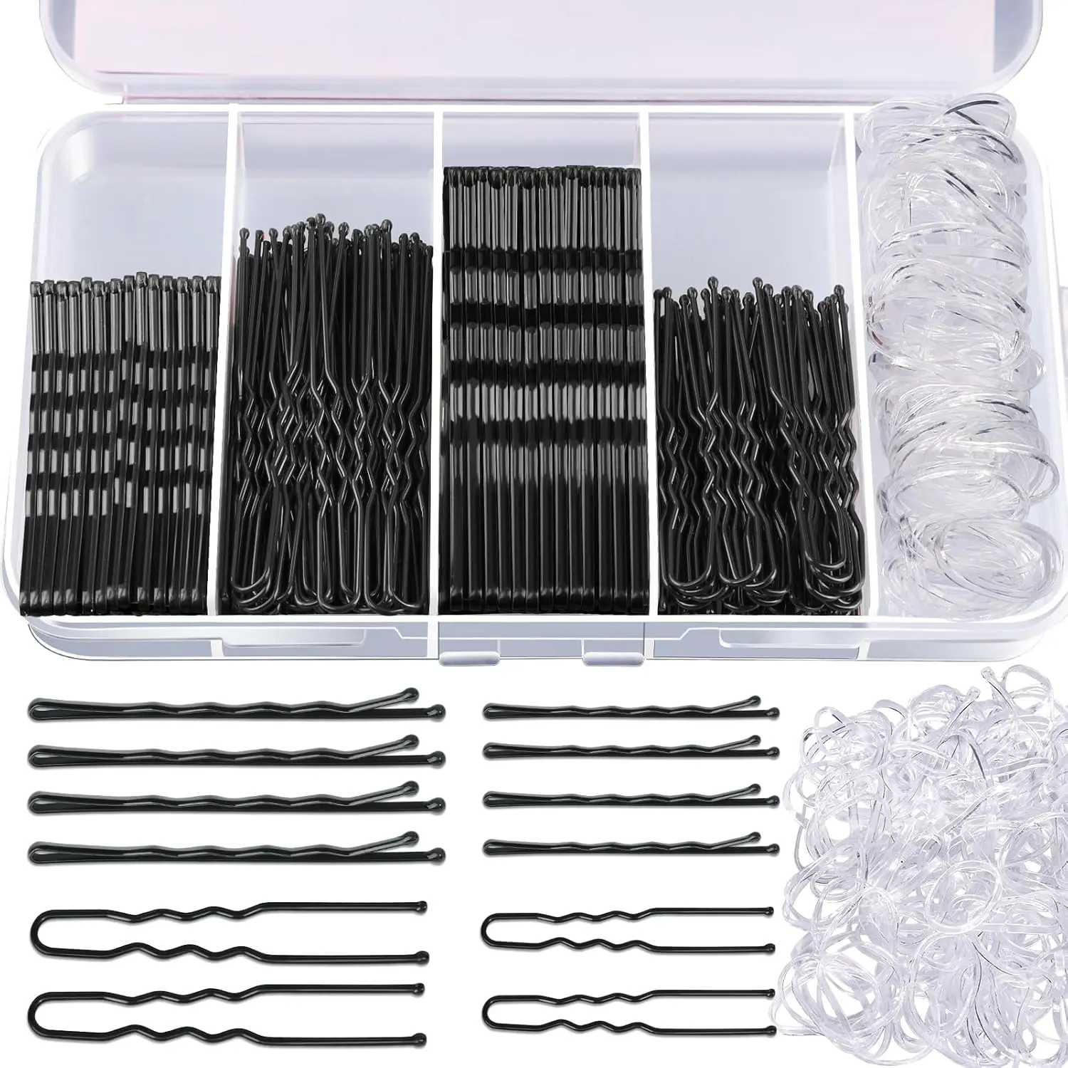 300pcs Hair Pins Bobby Pins Black, 100 Black Bobby Pins 2" 2.75"100 Hair Pins for Women and 100 Clear Hair Bands Kit, U Pins for Buns 2" 2.36"