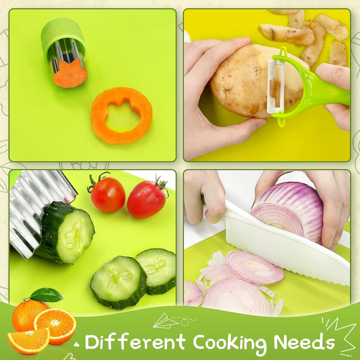 13-piece child-safe knife set, Miniature cooking set, Suitable for real cooking, kid-friendly plastic chef tools for toddlers, bright colors, great gifts for kids, Play Kitchen Accessories