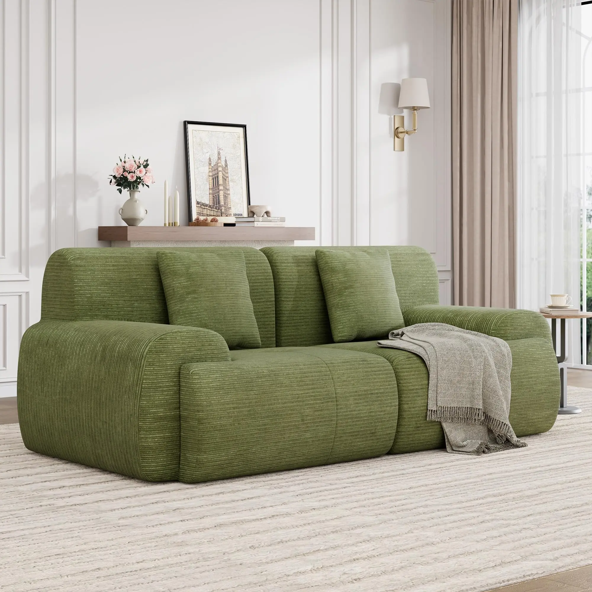 Boneless Loveseat Couch, Cloud Sofa with Corduroy  Fabric, Deep Seat Modular Couch for Living Room Bedroom, Small Space Couches for Living Room,Green