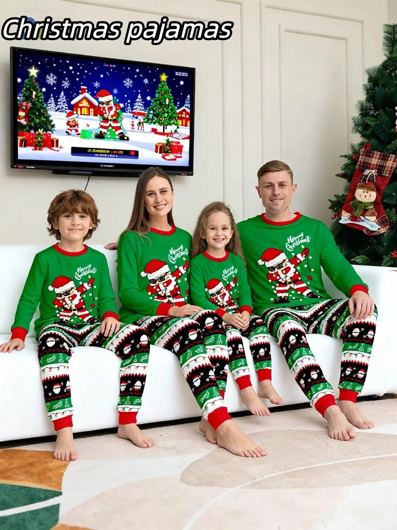 2-Piece Christmas Pajama Set, Santa Print Couples Sleepwear, Men Women Kids Holiday, Loose-Fit Casual All-Seasons