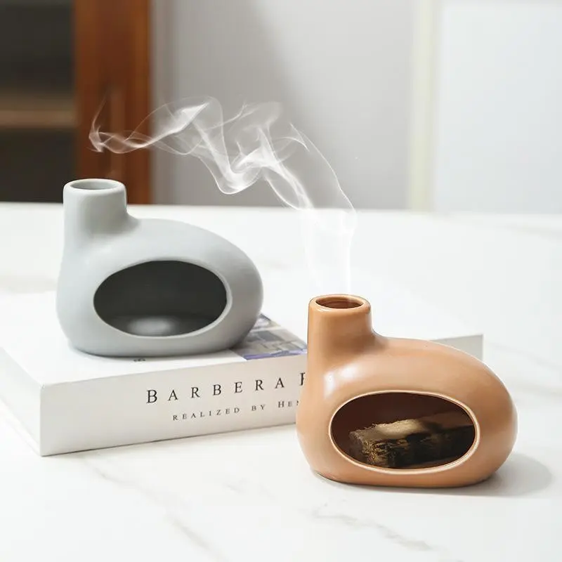 Nordic Minimalist Chimney Incense Burner, Wabi-Sabi Style Hollow Elliptical Ceramic, Matte Finish, Home Use, Desktop Decorative Item