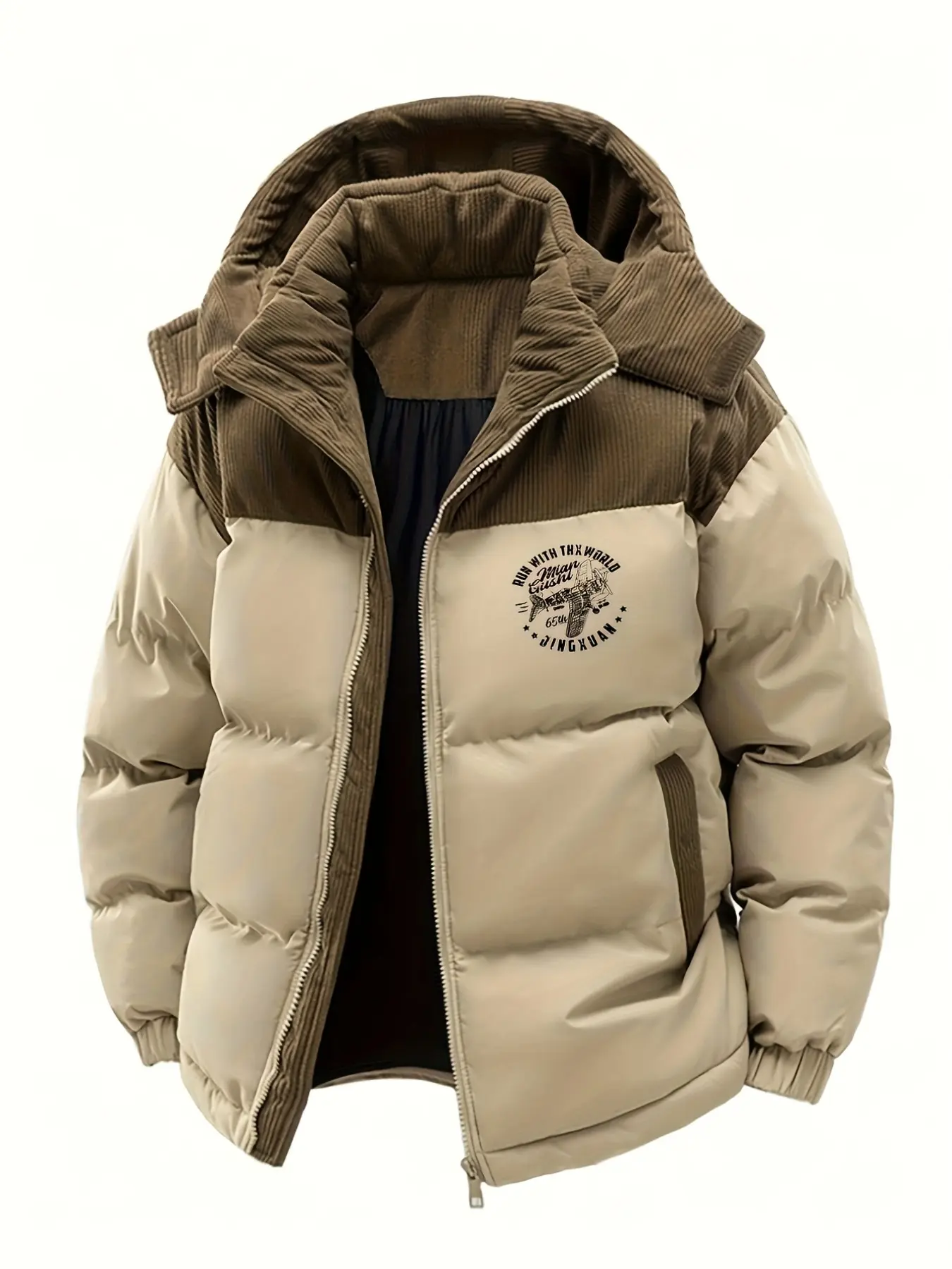1PC Men's Lightweight Hooded Jacket for Winter, Windproof and Warm, Fashionable Aircraft Print Thick Coat Design, Suitable for Outdoor Camping, Travel and Daily Wearing