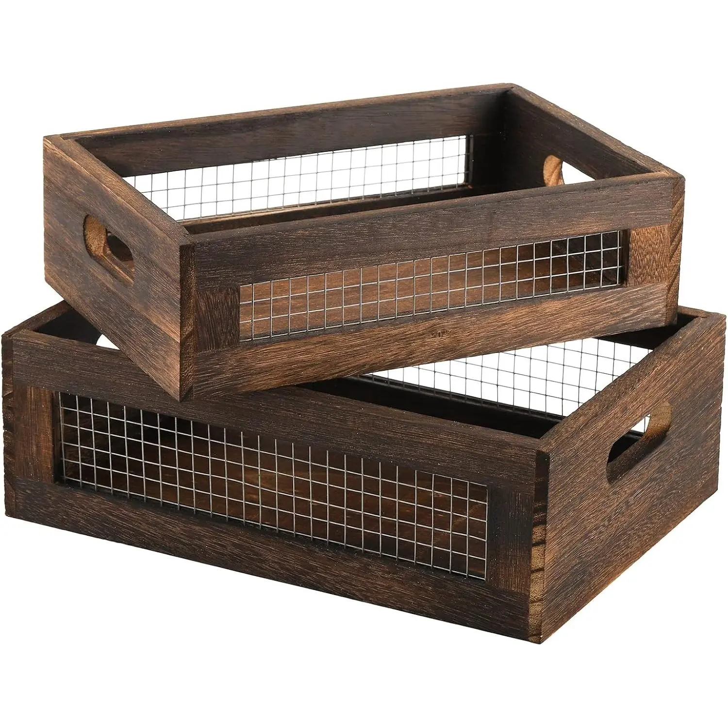 Set of 2 Rustic Nesting Boxes, Wooden Organizer Crates Basket, Small Decorative Wood Wire Containers with Handle for Countertop, Fruit, Veggies, Kitchen, Bathroom, Pantry Storage, Gift Basket