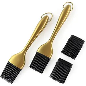Silicone Basting Brush for BBQ Grill, 2 Pack with 2 Extra Heads (4 Total), Gold Stainless Steel Handle, Heat Resistant Oil Brush for Cooking, Baking, Grilling, Dishwasher Safe