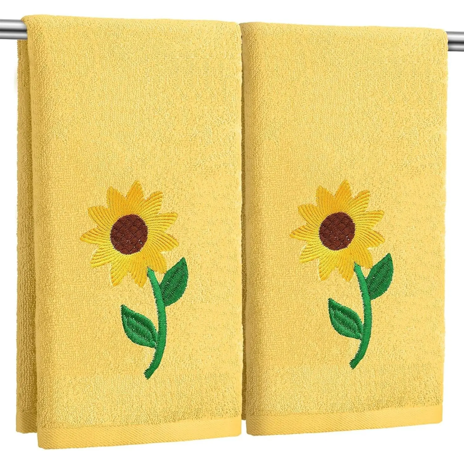 SmoothNovelty 2 Pcs Sunflowers Hand Towels Yellow Bathroom Decor 14x29 Inch | Embroidered Bathroom Hand Towels, 100% Cotton, Soft Absorbent, Yellow Sunflowers Bathroom Kitchen Decor, Spring Summer