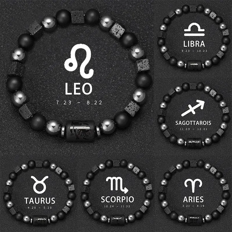 12 Constellation Zodiac Bracele Signs Beads Couples Bracelet Square Volcanic Stone Elastic Charm Bracelet for Women Men Gift