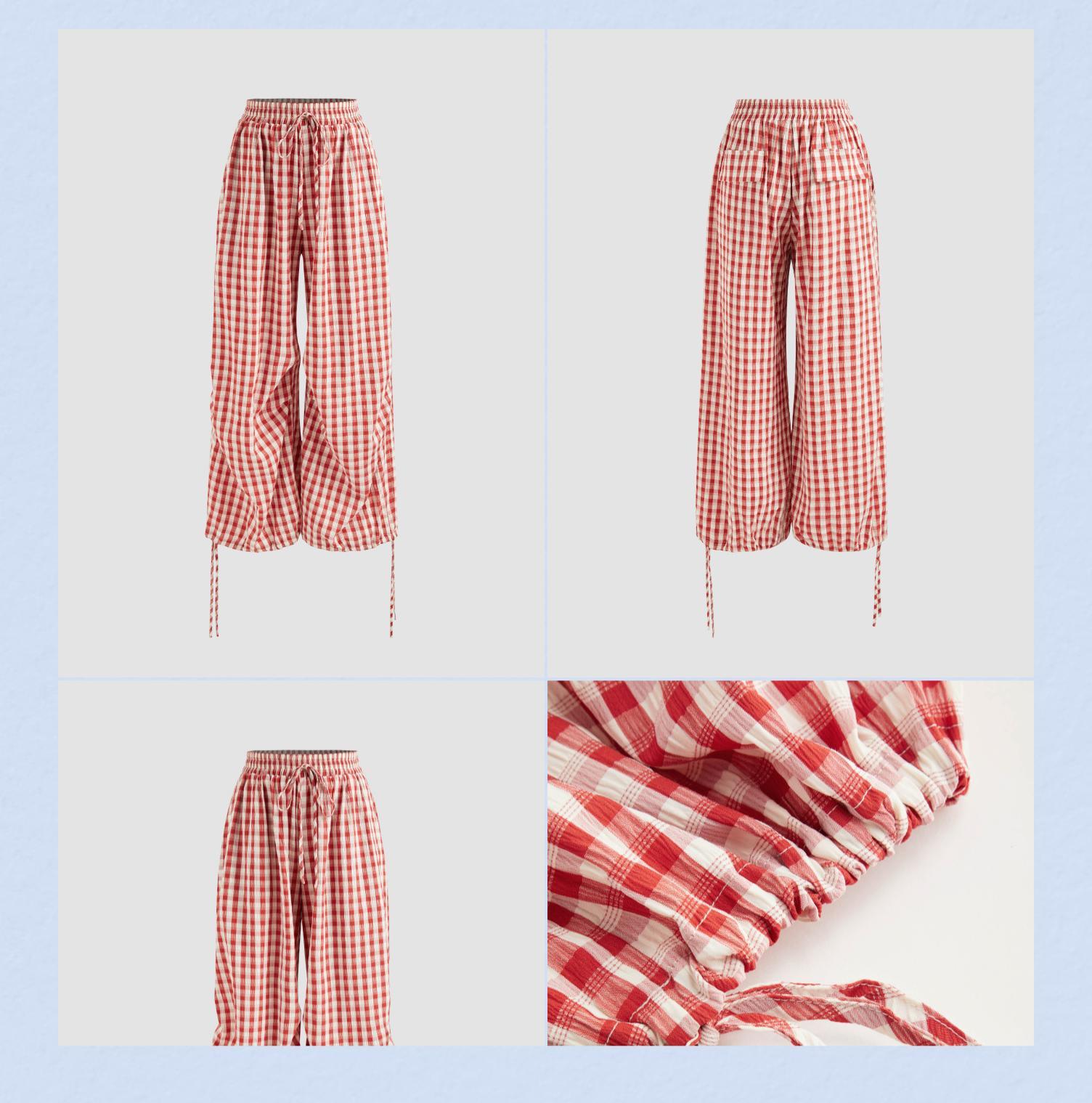Cider [size 0-26] Mid Rise Gingham Knotted Drawstring Pocket Wide Leg Trousers
