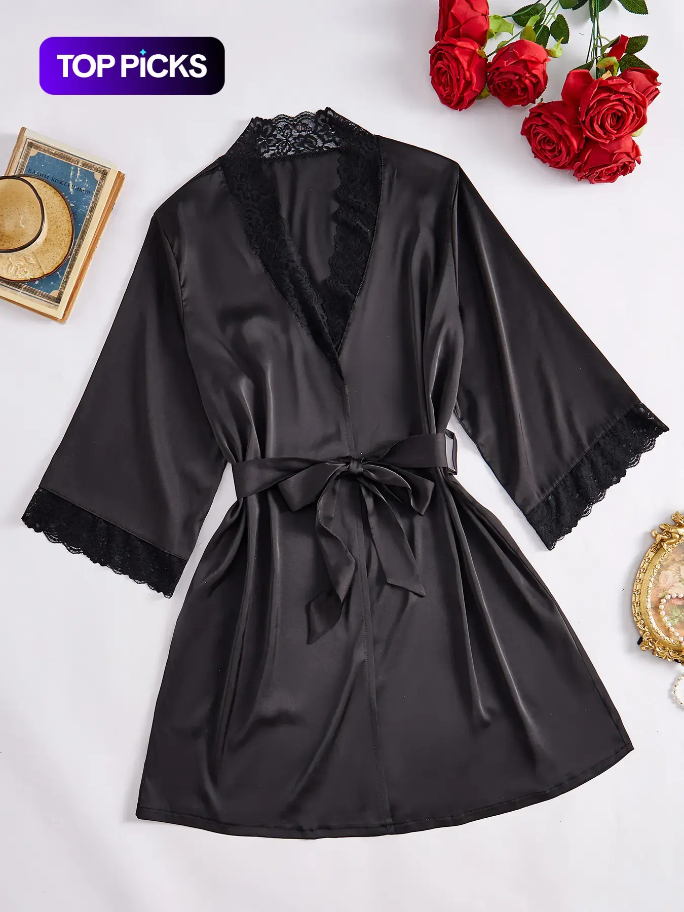 Women's Contrast Lace Belted Robe, Gowns, Solid Color Long Sleeve V Neck Lounge Robe, Casual Comfy Sleepwear Loungewear for Women