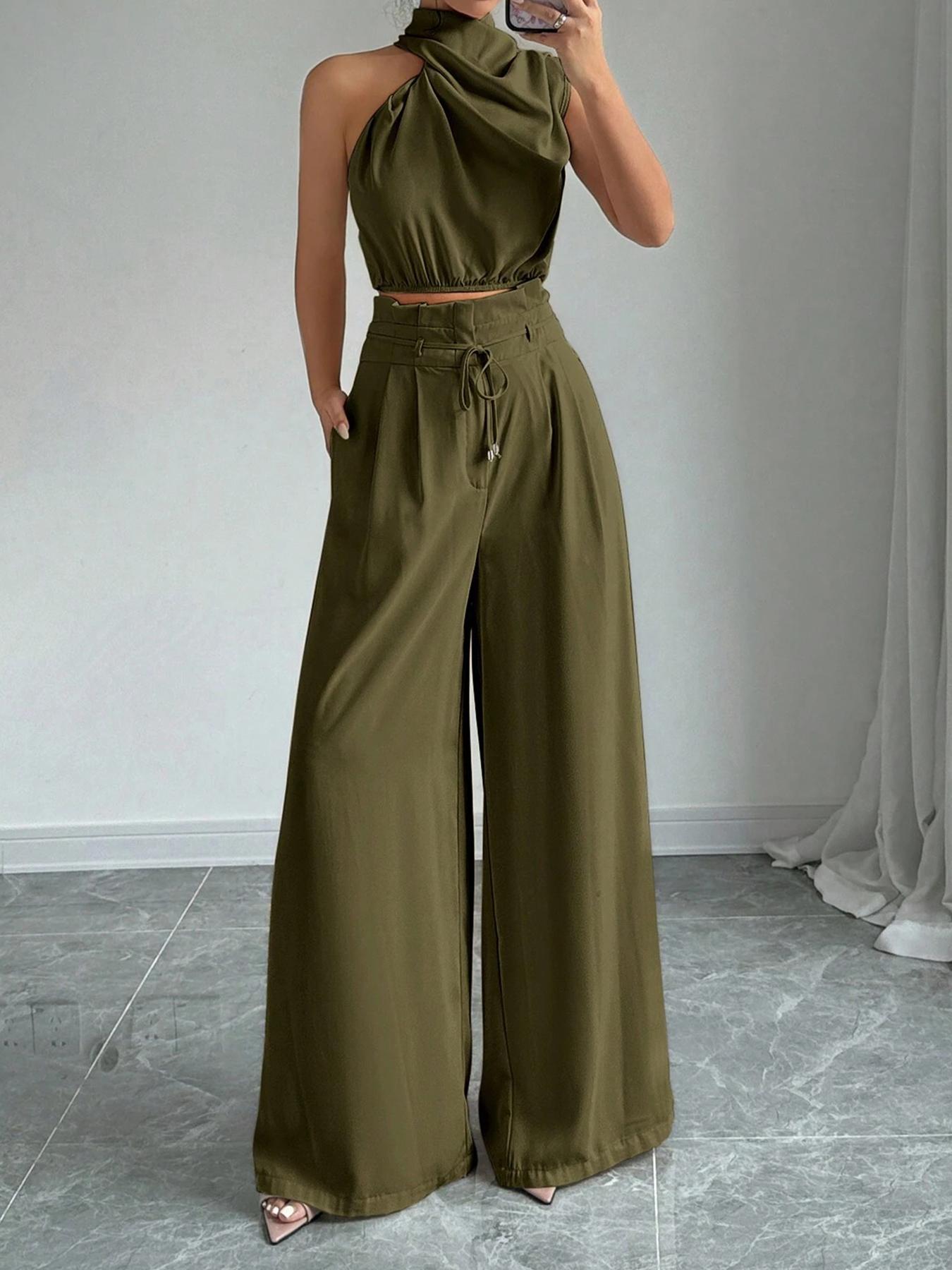 Women's Solid Color Sleeveless Crop Tank Top & Wide Leg Pants Two-piece Set Outfit, Elegant Fashion Casual Top & Trousers for Daily Outdoor Wear, Women's Clothing for Summer, Womenswear