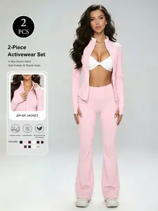 Women's Sporty Jacket and Pants Set, Slim-Fit Long Sleeve Jacket, High Waist Elastic Pants, Spring & Fall Fashion, Perfect for Dates