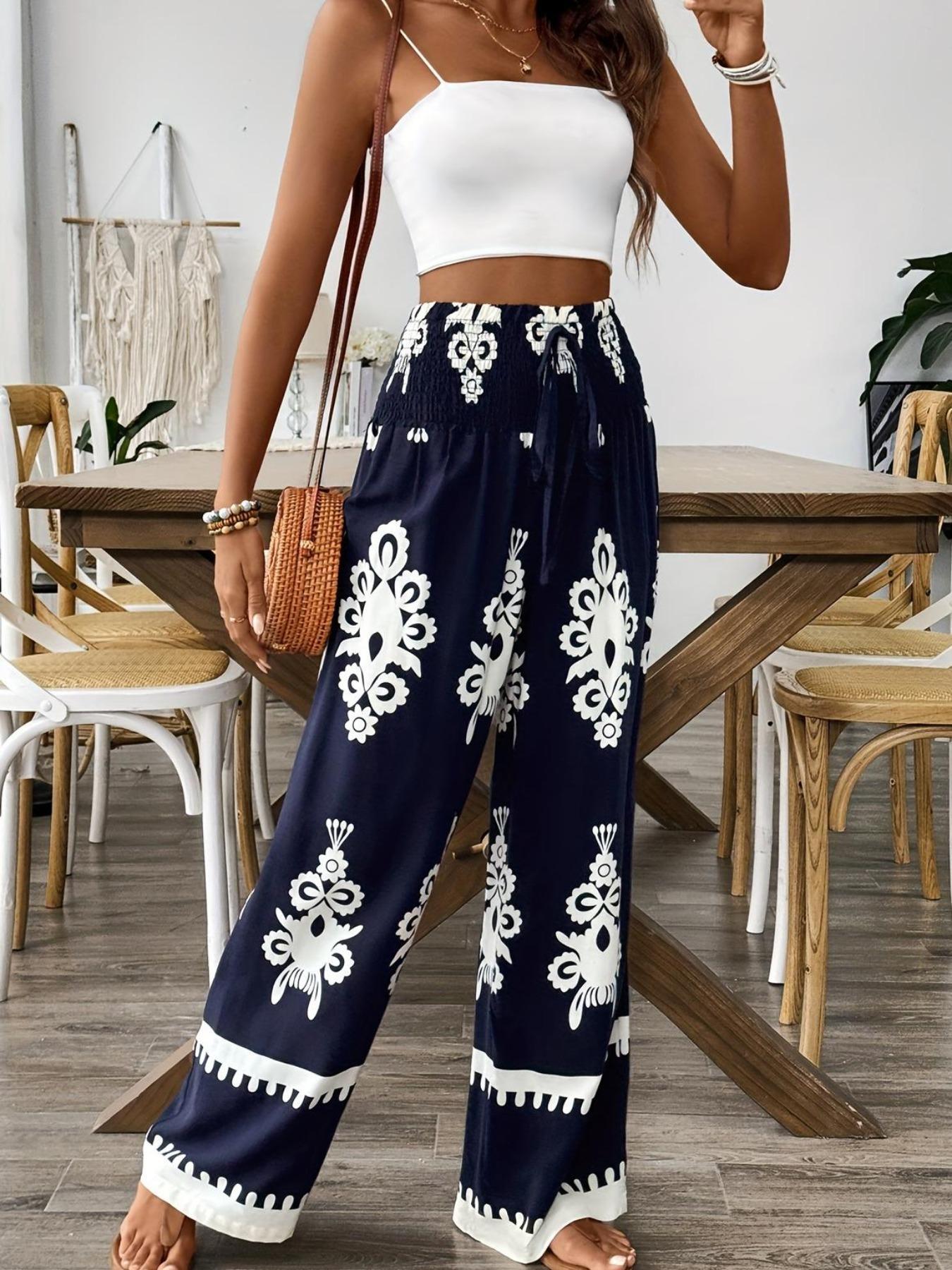 Women's Ethnic Pattern Shirred Tie Front Wide Leg Pants Comfy High Waist Trousers for Daily Holiday Vacation Wear, Ladies Casual Chic Bottoms for All Seasons, Boho Fashion Trousers