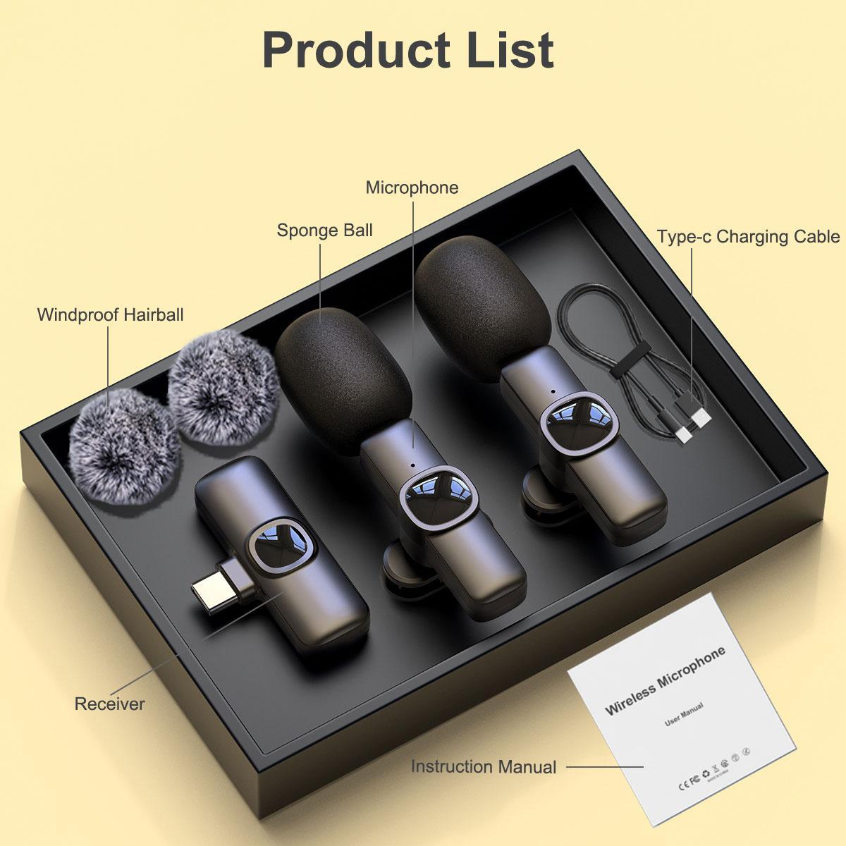 Wireless Lavalier Microphone, Rechargeable Lapel Mic, Professional Wireless Microphones for iPhone/Type-C Phones, Omnidirectional Condenser Recording Microphone for Video Recording, Clip on Mic, Cordless Omnidirectional Mic