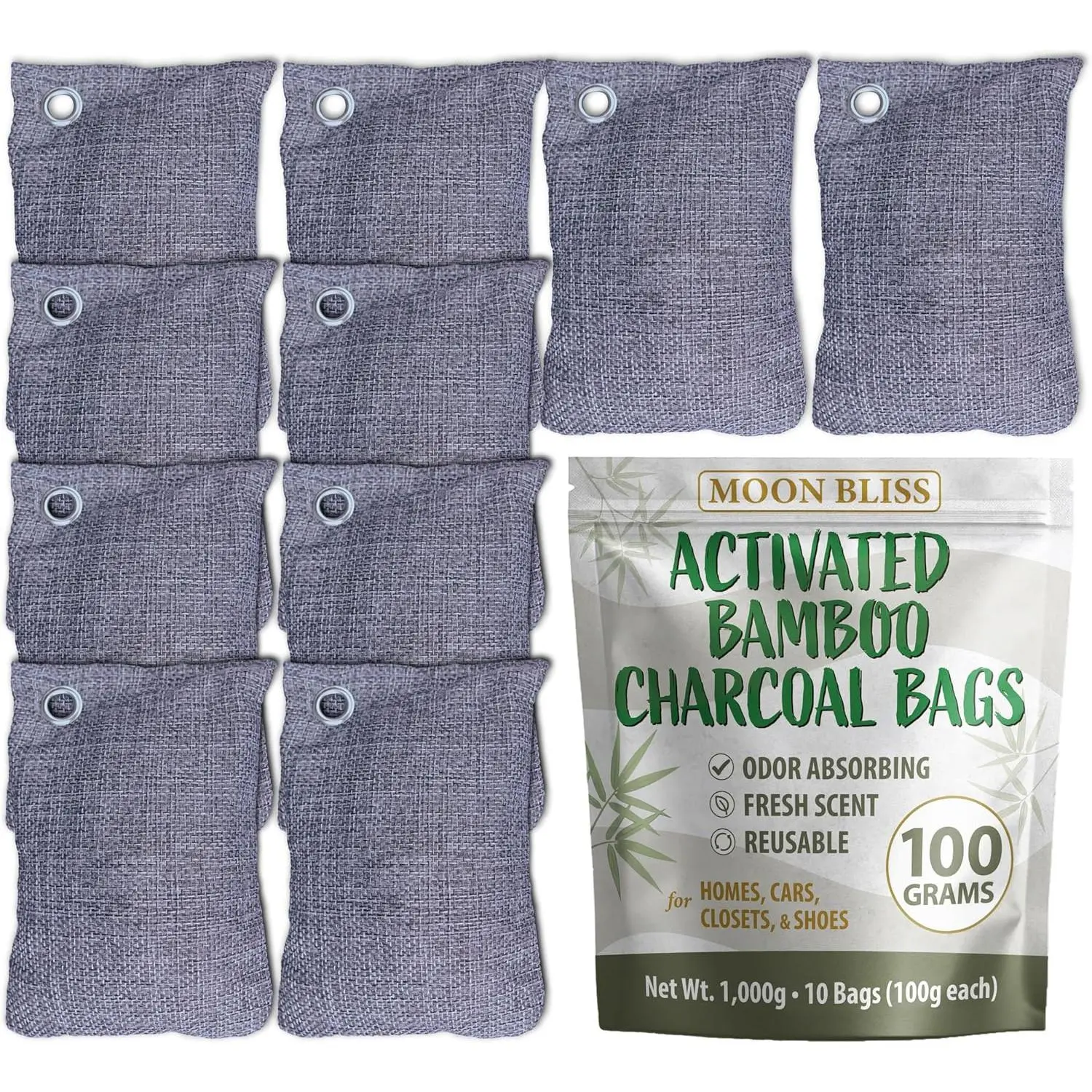 100g Bamboo Charcoal Bags (Pack of 10 Bags) - Activated Charcoal Odor Absorber - Reusable Bags for Homes, Cars, Closets, & Shoe Odor - Absorbs Odors & Moisture - Organic Sustainable Room Air FreshenerGift.
