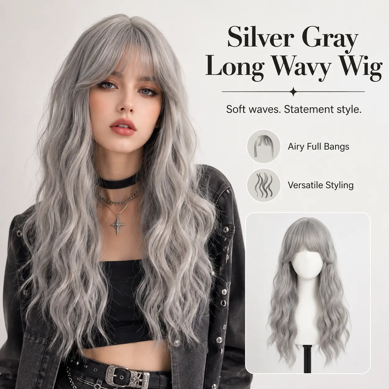 Silver Gray Wig for Women with Bangs, Long Wavy Synthetic Hair Wig for Daily Wear, Cosplay, Parties and Halloween