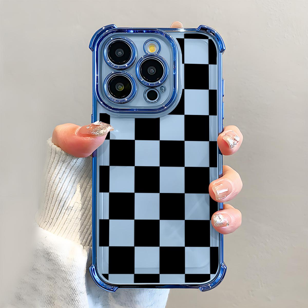 Black Checkered Pattern Phone Case , Electroplated Cover with Airbag Shockproof Slim Soft TPU Cover for iPhone X XS 11 12 13 14 15 16 17 Pro Max Plus Air Stylish