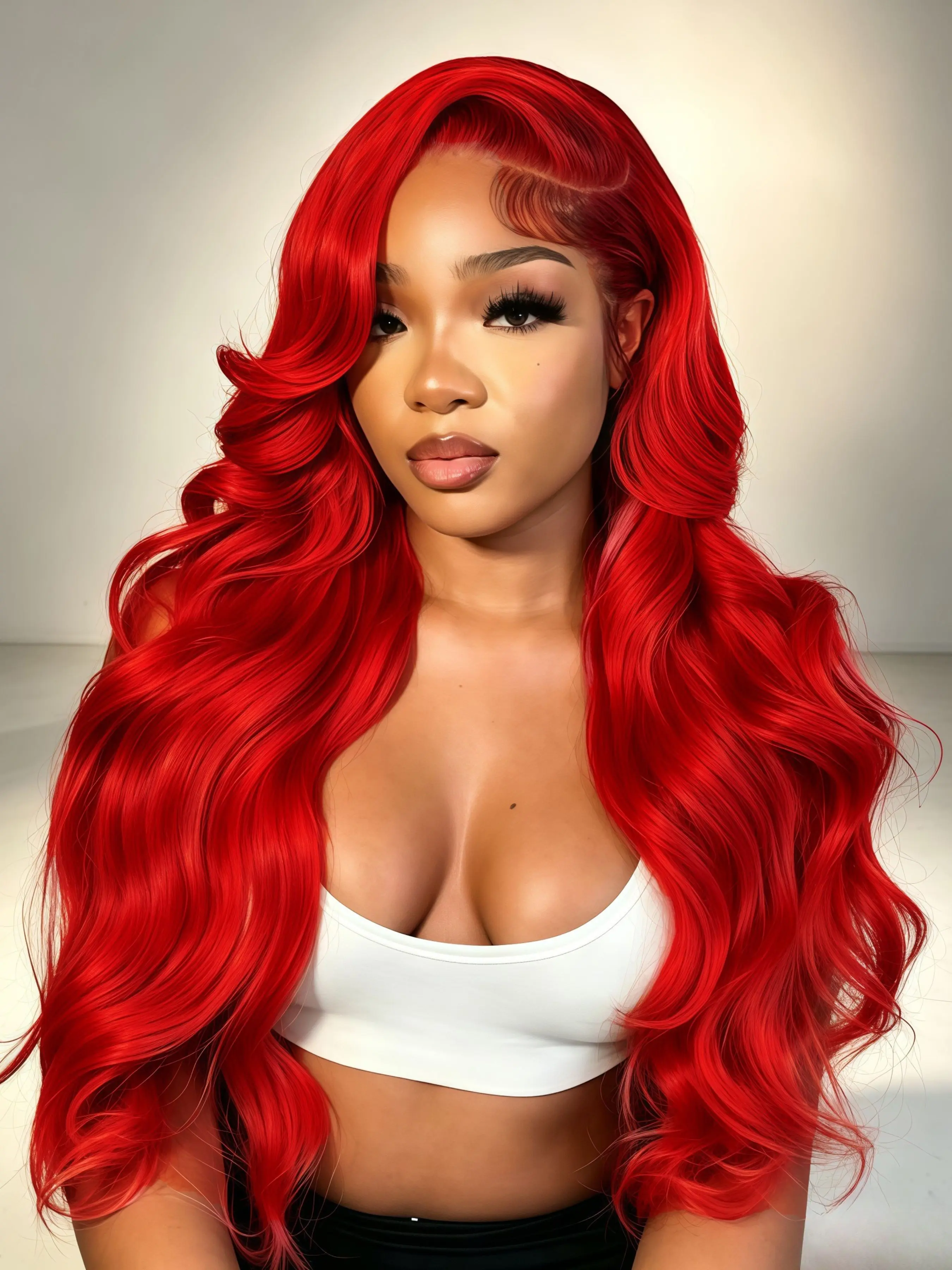 Bright Red Body Wave Wig 13x4 Lace Frontal Wig Free Part HD Transparent Lace Front Straight Synthetic Wig Pre Plucked Natural Hairline Heat Resistant Fiber Wigs for Women Daily Wear 28 Inch