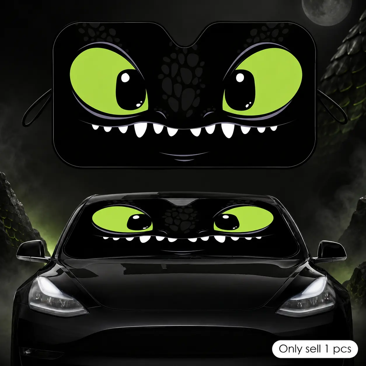 Dark Dragon Neon Green Eyes Sun Visor Car Windshield Sun Shade, Sun Shade For Car Window, UV Protection Heat Insulation Reflective Cover, Keeps Interior Cool, Protects Dashboard, Foldable Easy Storage, Universal Fit for Cars SUVs, Summer Auto Accessory