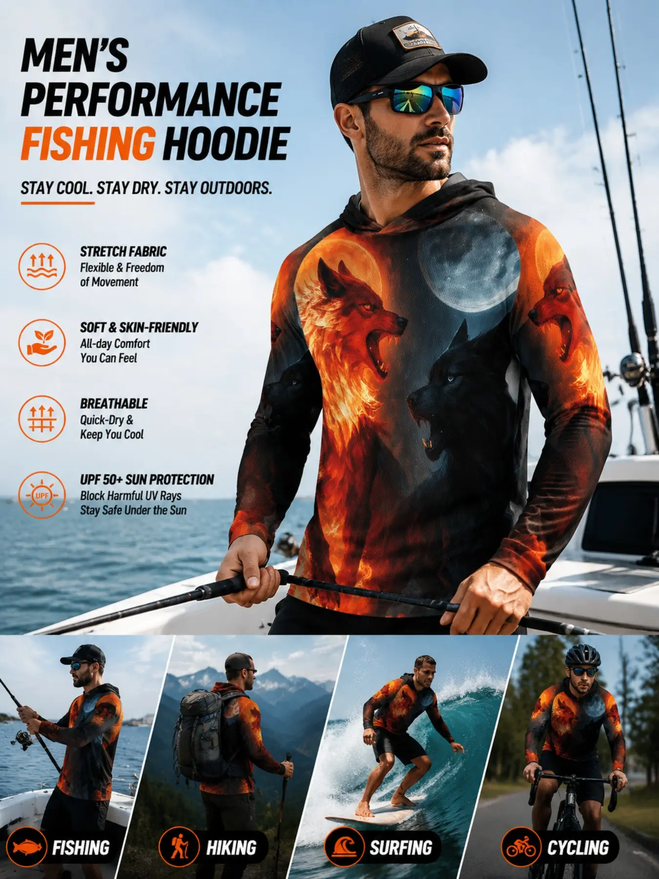 UPF50+, sun protection hoodie, fishing shirt, quick dry, breathable, moisture wicking, 4 way stretch, cycling top, hiking long sleeve, surf shirt, outdoor performance shirt, Outdoor Wear