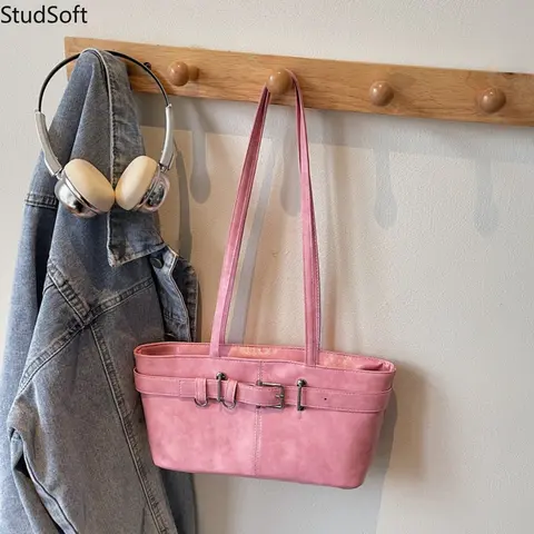 Pink Shoulder Bag Y2K Belted Leather Underarm Purse Minimalist Tote Bag Casual Hobo Handbag with Metal Buckle School Daily,sohochic