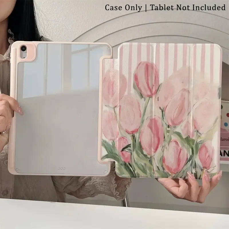 Striped Pink Tulip Pattern Protective Case - Featuring an Adjustable Stand and Pen Slot.Foldable, Non-slip TPU Cover Compatible with Samsung, iPad mini, iPad Air, iPad Pro, iPad (10th & 11th Gen), and Other iPad Series.
