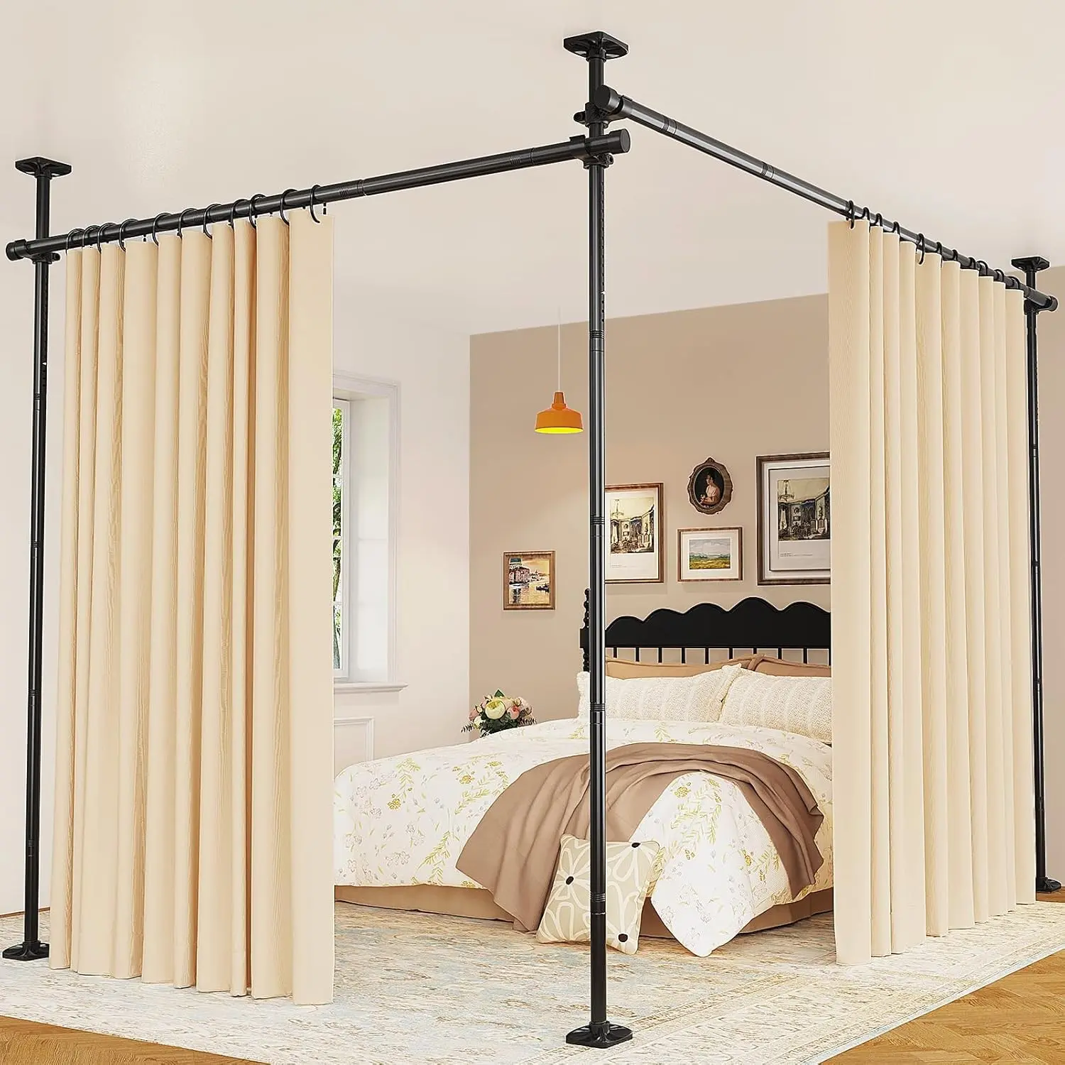 Room Divider for Room Separation, Tension Curtain Rods No Drilling, 4-10ft(H) 28-114inch(W) Adjustable Temporary Privacy Wall Divider, Heavy Duty Freestanding Space Partition Separator, Black