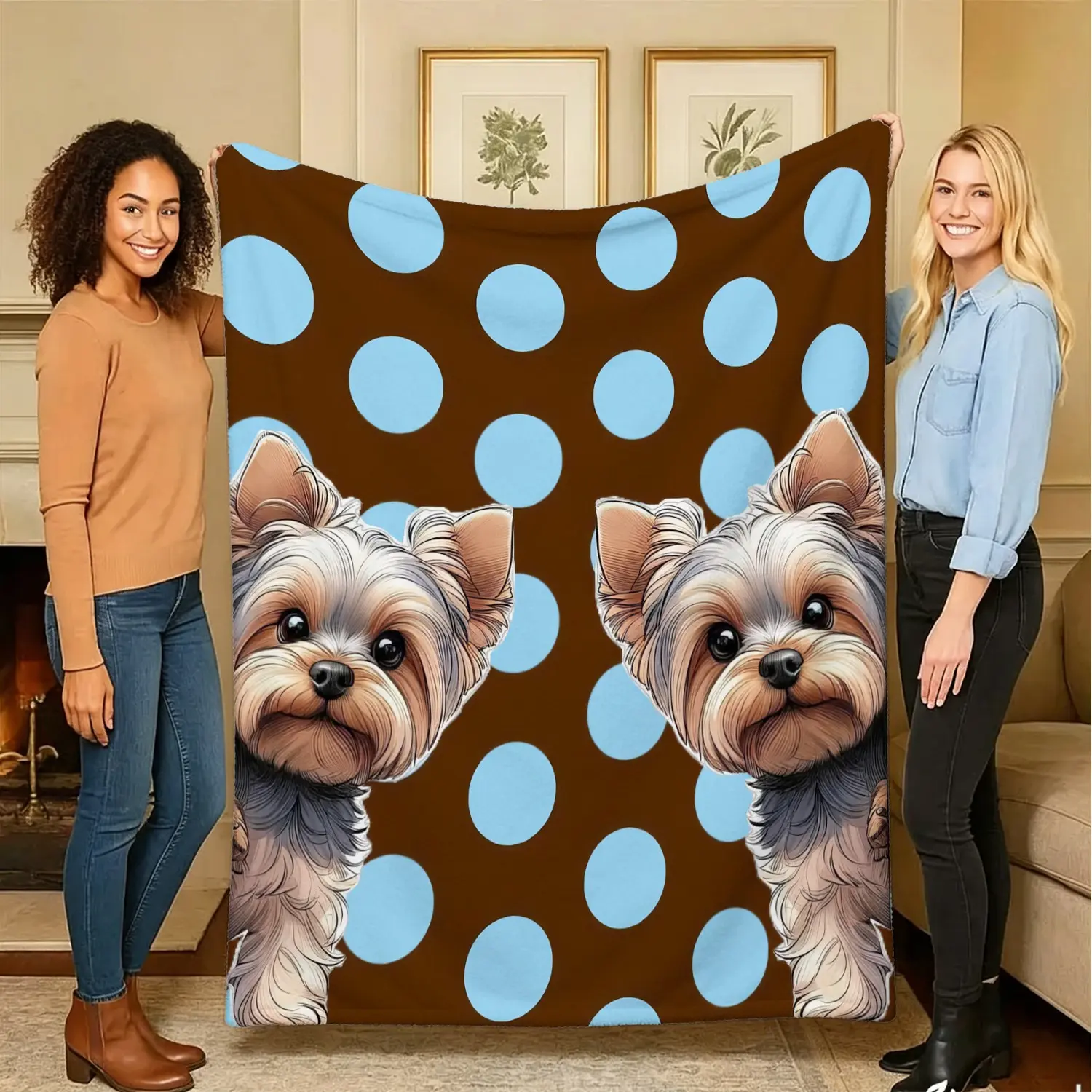 Brown Background Light Blue Polka Dot Cute Yorkshire Terrier Dog Print Throw Blanket, Yorkie Puppy Sofa Throw & Soft Bed Blanket, Cartoon Pet Dog Decor, Sweet Gift for Yorkie Lovers & Dog Owners