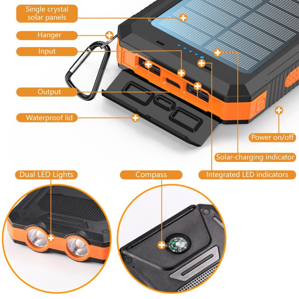 10000mAh Portable Solar Power Bank, Dual USB Output Port Waterproof Power Bank with LED Light, Solar Phone Charger Compatible with iPhone & Android #GLOBAL PICKS